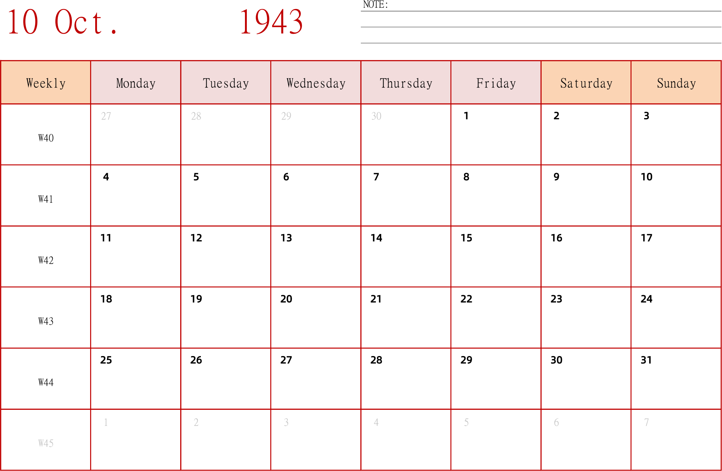 日历表1943年日历 英文版 横向排版 周一开始 带周数